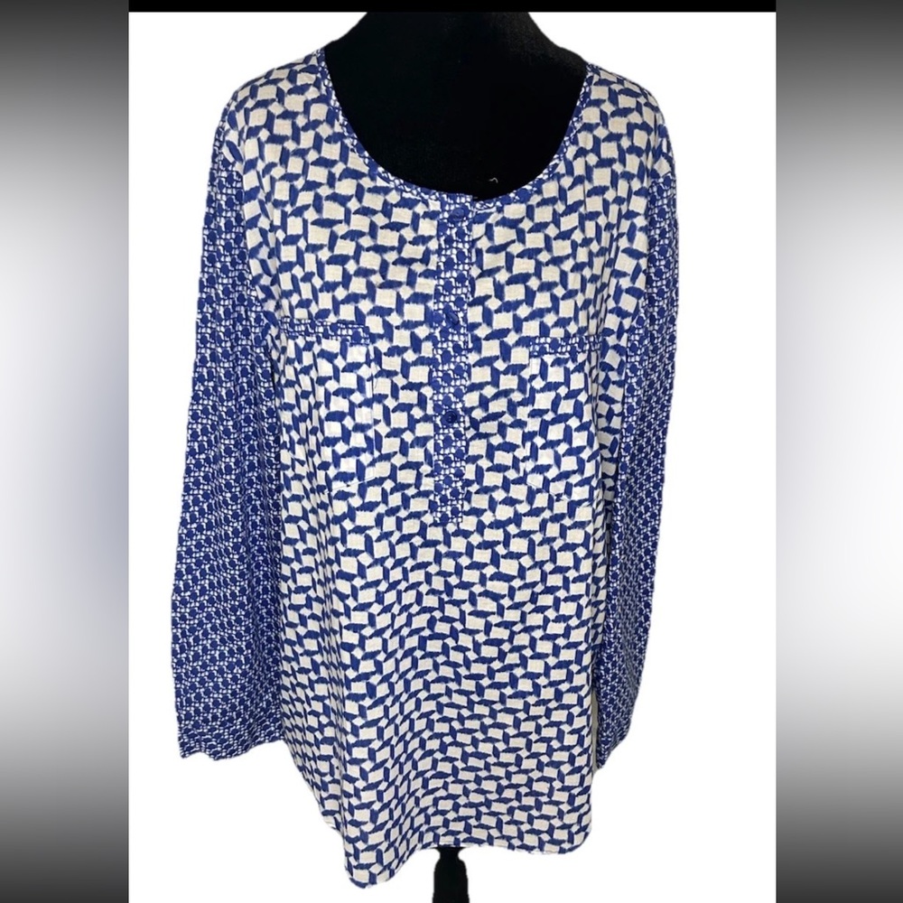Chicos ladies size 3 all cotton blue/white geometric print tunic top long sleeve